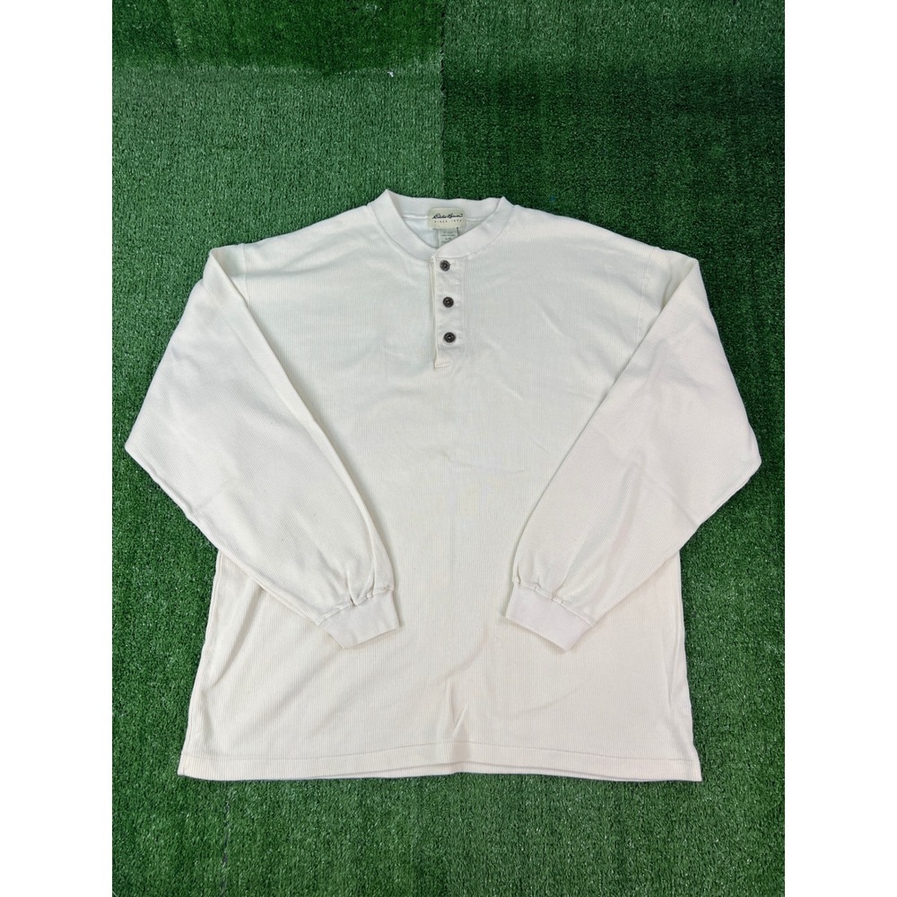 Eddie Bauer Mens Cream Ribbed Cotton Long Sleeve Henley Shirt Large L